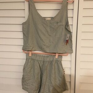 High Waist Gingham Shorts Set - Sage Green